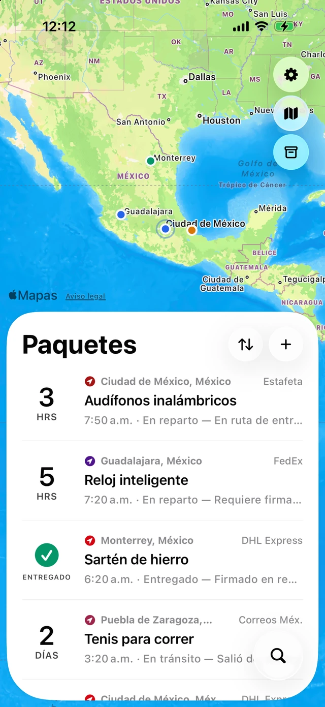 La lista de paquetes de Pallet: cinco paqueterías una junto a otra, cuentas regresivas de llegada en vivo y un mapa del noreste de Estados Unidos con marcadores de paquetes