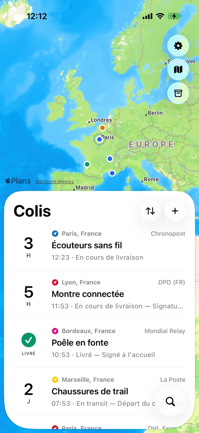 La liste de colis de Pallet : cinq transporteurs côte à côte, des comptes à rebours d&rsquo;arrivée en direct et une carte de France parsemée de marqueurs de colis