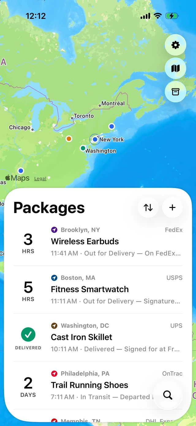Pallet's package list: five carriers side by side, live arrival countdowns, and a map of the northeast US dotted with package markers