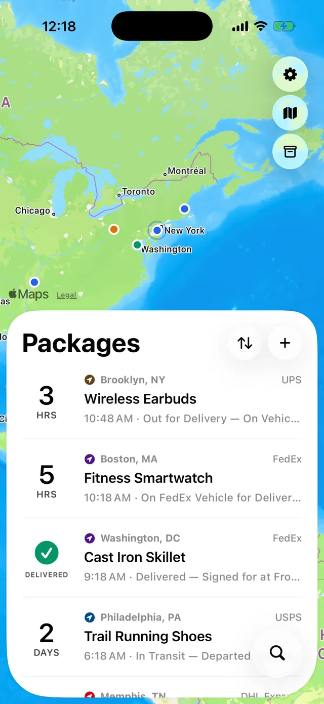Pallet's package list: five carriers side by side, live arrival countdowns, and a map of the northeast US dotted with package markers