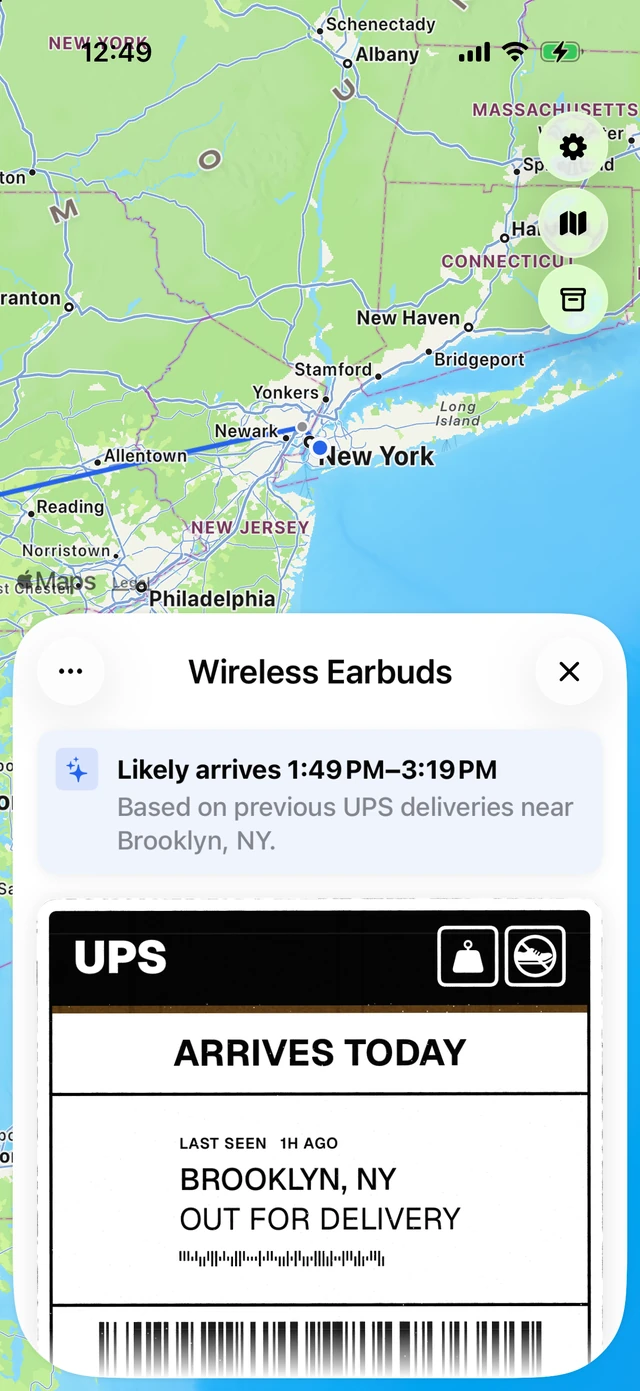 A package detail screen predicting arrival between 1:49 and 3:19 PM, above the shipping label and its route on the map