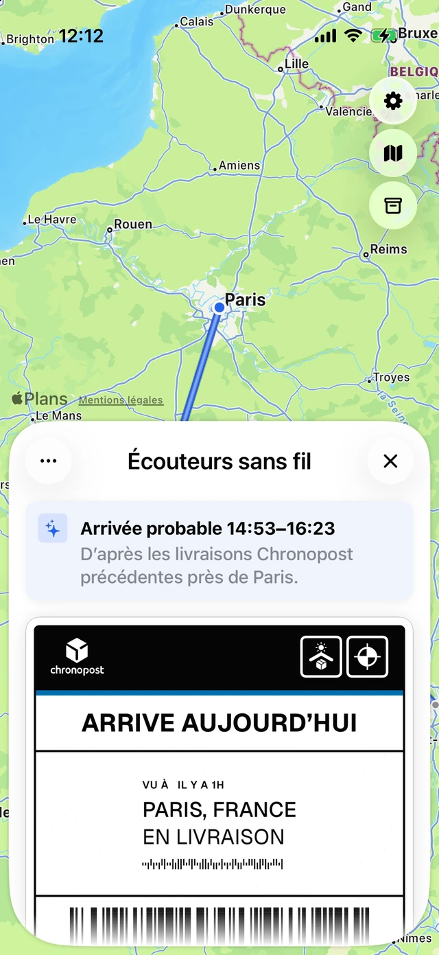 Un écran de détail annonçant une arrivée entre 14 h 53 et 16 h 23, au-dessus de l&rsquo;étiquette d&rsquo;expédition et de son trajet sur la carte