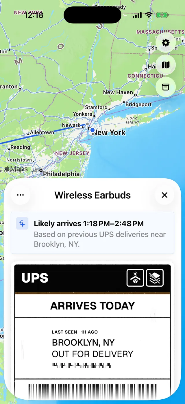 A package detail screen predicting arrival between 1:18 and 2:48 PM, above the shipping label and its route on the map