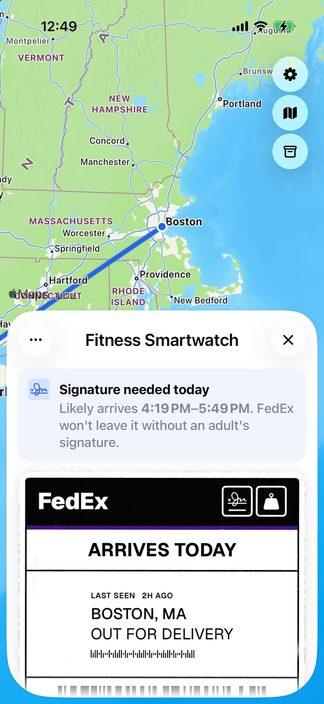 A signature needed today banner predicting arrival between 4:19 and 5:49 PM, above a FedEx shipping label stamped signature-required