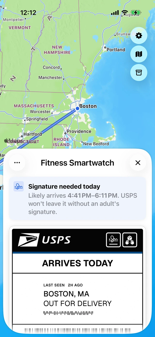 A signature needed today banner predicting arrival between 4:41 and 6:11 PM, above a USPS shipping label stamped signature-required