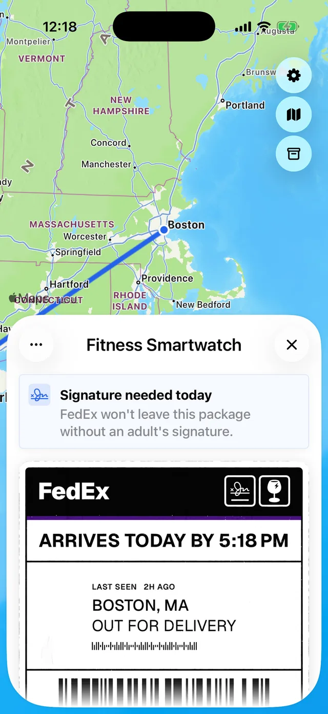 A signature needed today banner above a FedEx shipping label stamped signature-required, arriving by 5:18 PM