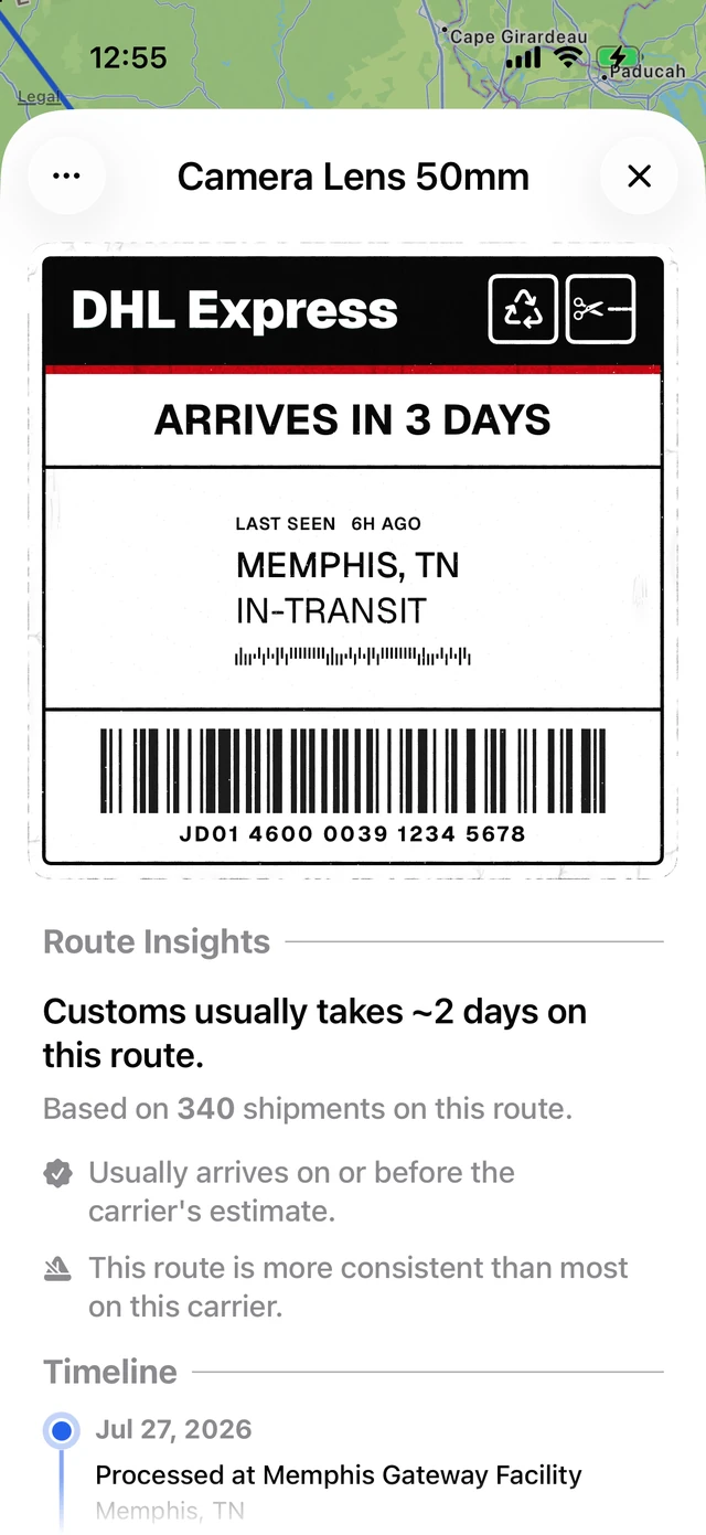 A DHL Express label for a package arriving in three days, above a Route Insights panel reading that customs usually takes about two days on this route, based on 340 shipments