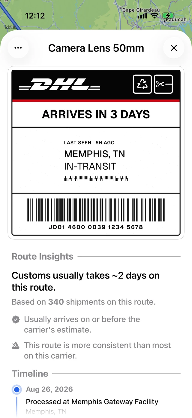 A DHL Express label for a package arriving in three days, above a Route Insights panel reading that customs usually takes about two days on this route, based on 340 shipments
