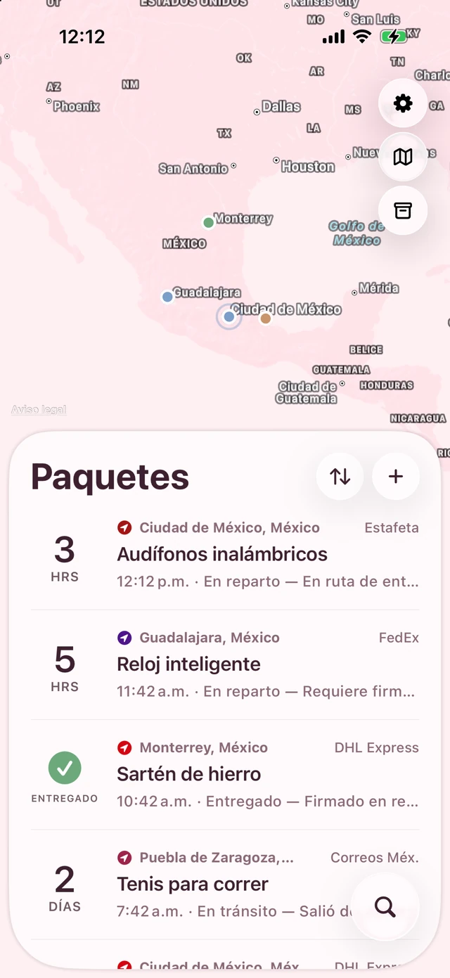 Pallet con el tema Sakura: mapa y lista en rosa suave
