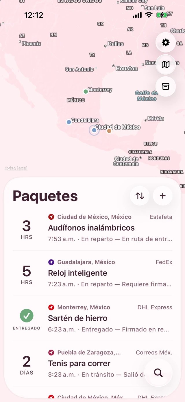 Pallet con el tema Sakura: mapa y lista en rosa suave