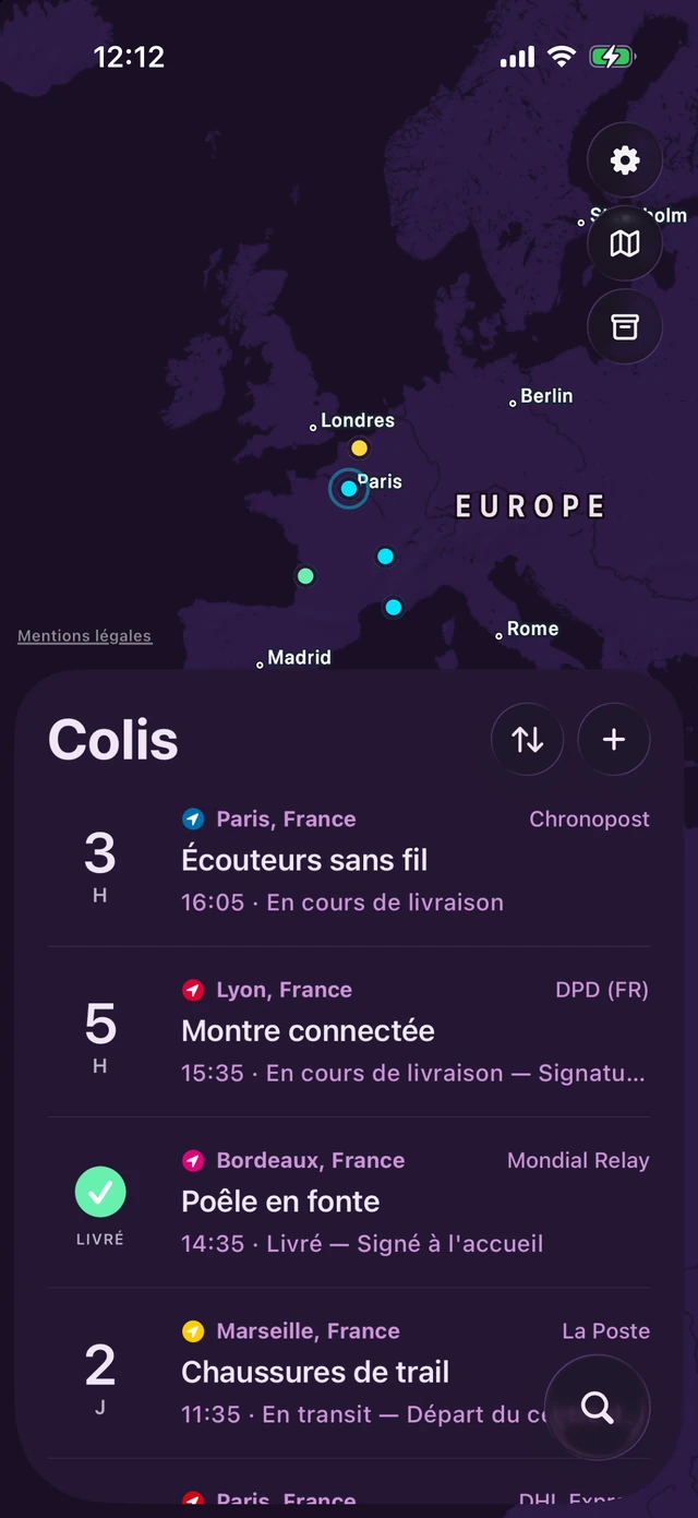 Pallet dans le thème Synthwave : carte violet profond et marqueurs néon